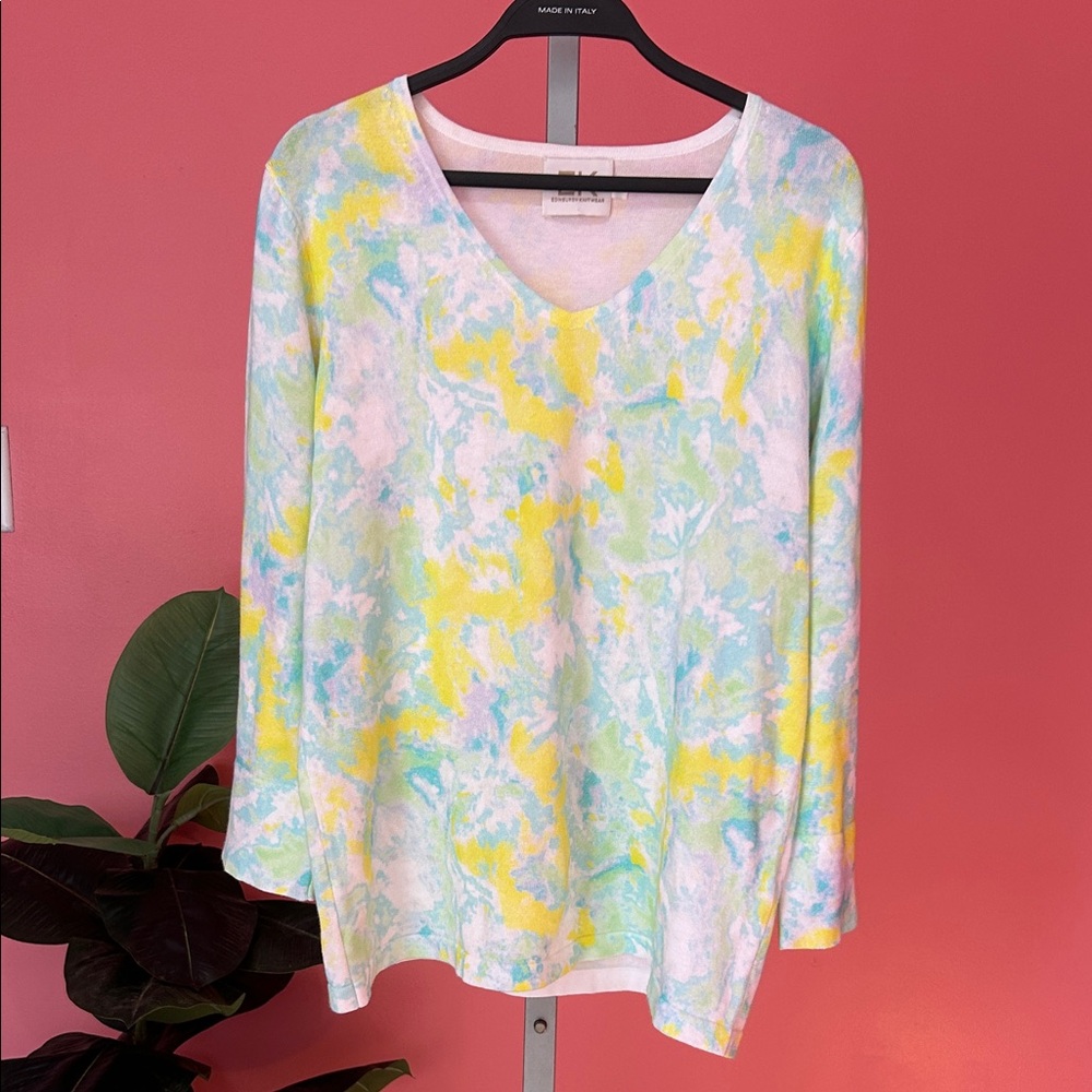 Edinburgh Knitwear (EK) 3/4 Sleeve V-Neck Watercolor Sweater Size Small
